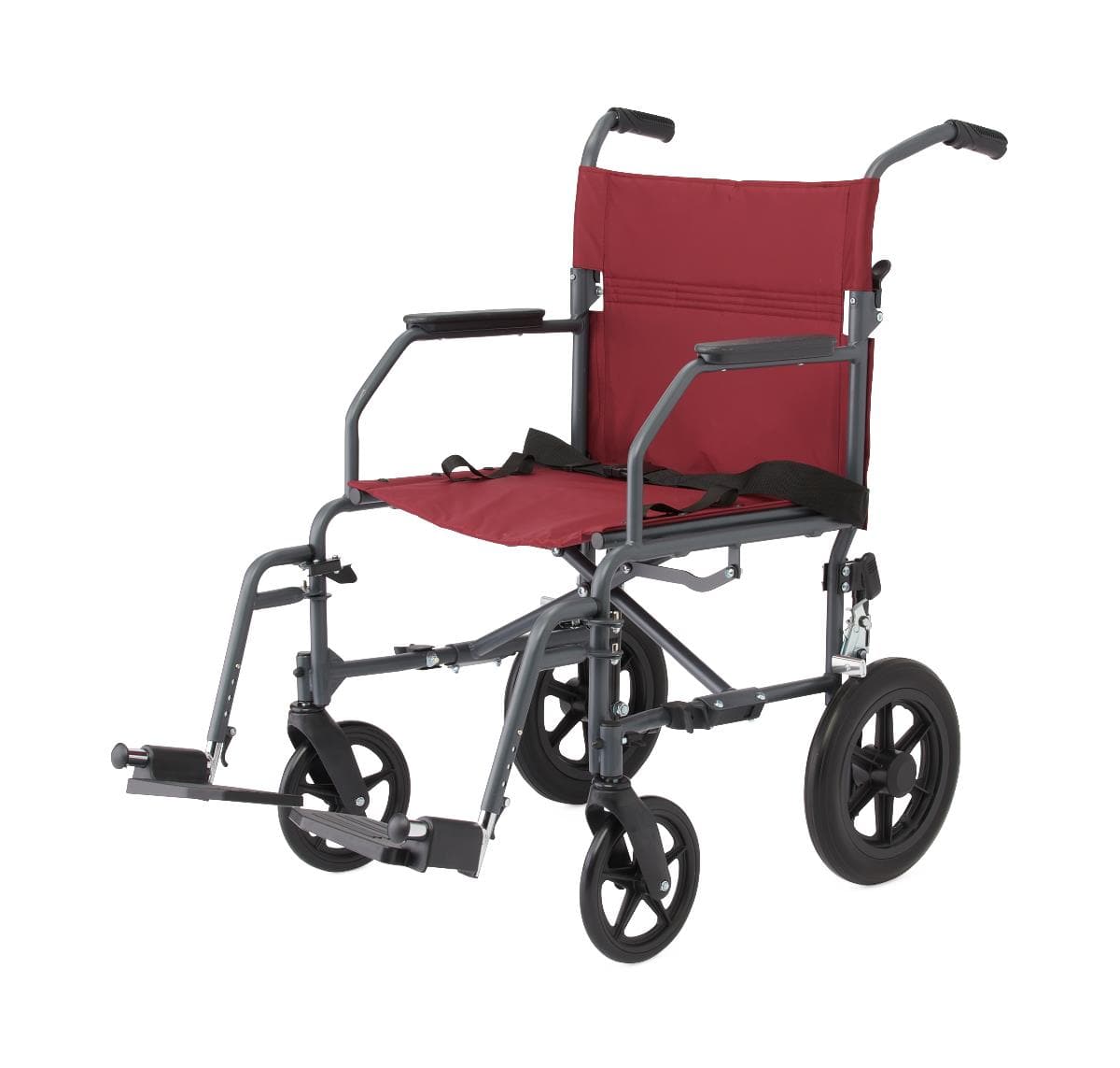 Medline Basic Steel Folding Transport Chair with 12" Wheels - Gray and Burgundy - Senior.com Transport Chairs